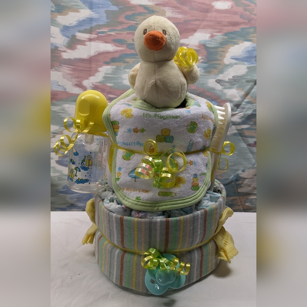 Neutral Two-tier Duck Diaper Cake, Baby Shower Gift, Centerpiece